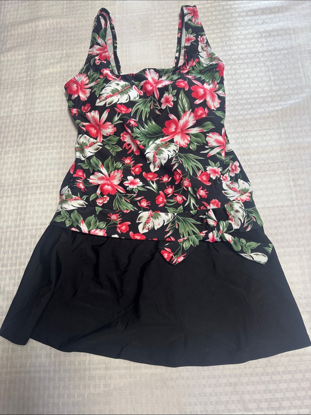 Alisha Levine Black Swim Dress with Pink and Green Floral Accents